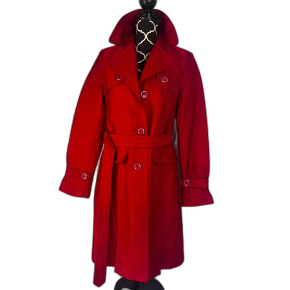 Kenneth Cole Reaction Bold Power Red Classic Timeless Belted Trench Coat Small - Picture 14 of 14